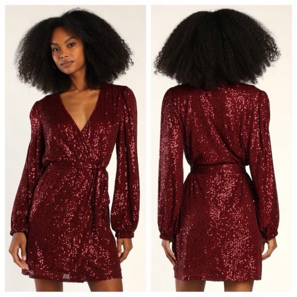 VICI Maroon Sequin Faux Wrap Mini Dress - Picture 2 of 6
